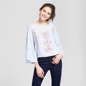 Floral Embroidered 3/4 Sleeve Top Light Blue White